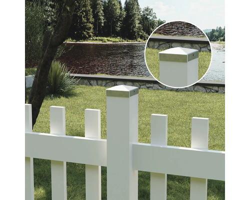 Wit hekwerk met uitzicht op de rivier en detailweergave van de paalafdekking