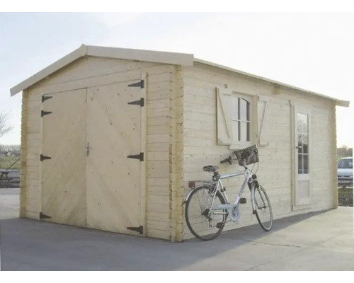 Houten tuinhuis met dubbele deur en fiets