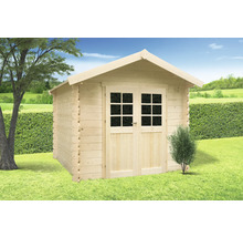 Houten tuinhuis met dubbele deur in de tuin