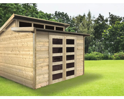 Houten tuinhuis met dubbele deur en ramen