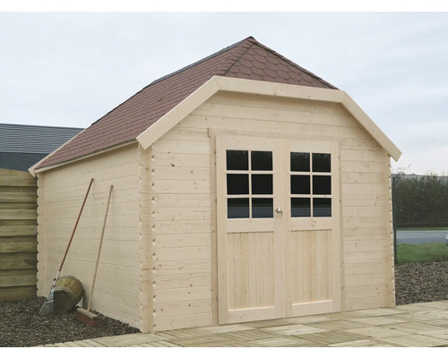 Houten tuinhuis met dubbele deur en dakshingles