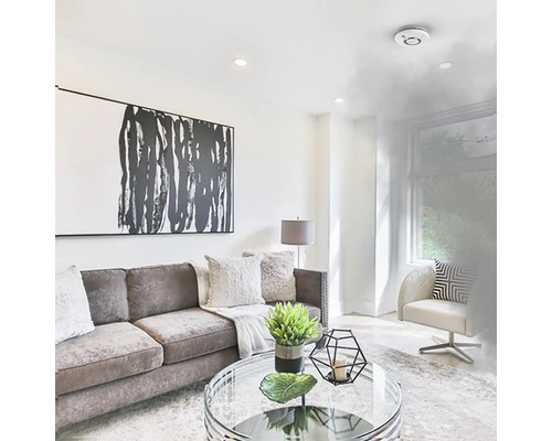 Woonkamer met bank, salontafel en kunstwerk