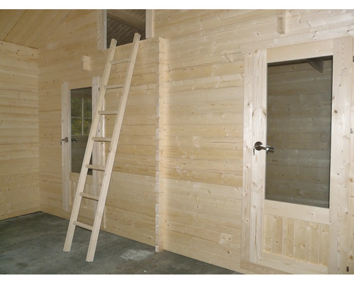 Interieurbeeld van een houten huis met ladder en deur