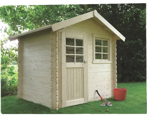 Houten tuinhuis met deur en ramen in de tuin