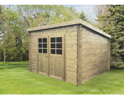 Houten tuinhuis met dubbele deur en ramen in de tuin