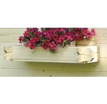 Houten bloembak met rode bloemen voor een houten wand
