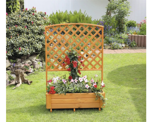 Houten plantenbak met trellis in de tuin