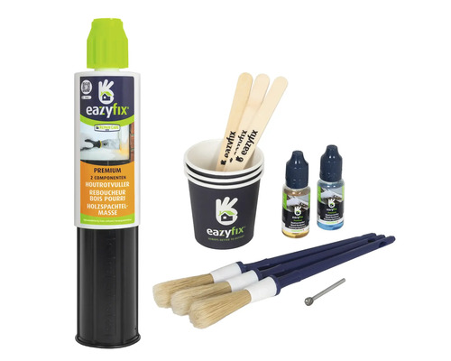 Eazyfix houtreparatieset met vulmiddel, verharder, penseel, mengbeker en roerstaafjes