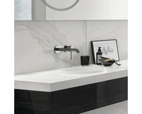 Moderne badkamer met wastafel, kraan, zeepdispenser en decoratieve elementen.