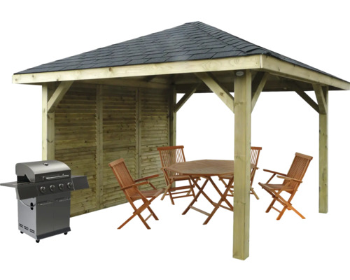 Houten tuinpaviljoen met barbecue en tuinset