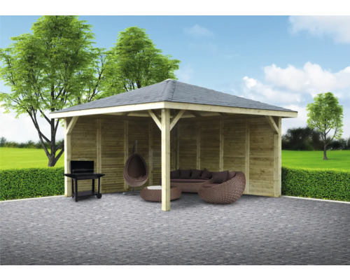 Houten tuinpaviljoen met barbecue en zithoek in de tuin