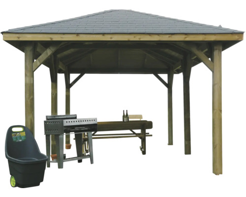Houten tuinpaviljoen met barbecue en tuingereedschap