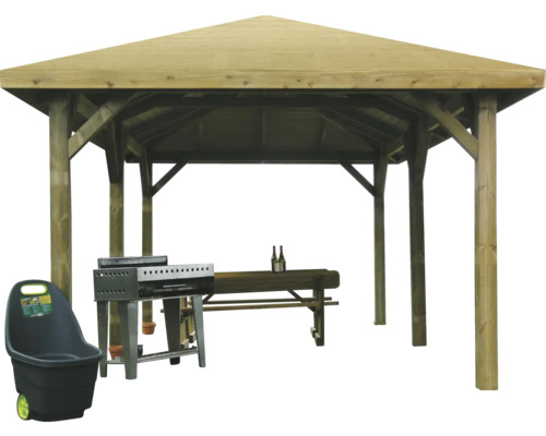 Houten paviljoen met barbecue, tuintafel en tuinafvalzak