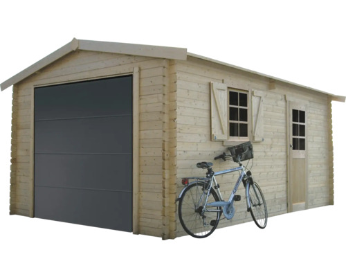 Houten garage met sectionaaldeur, raam, deur en fiets
