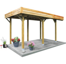 Houten carport met plat dak en bloembakken