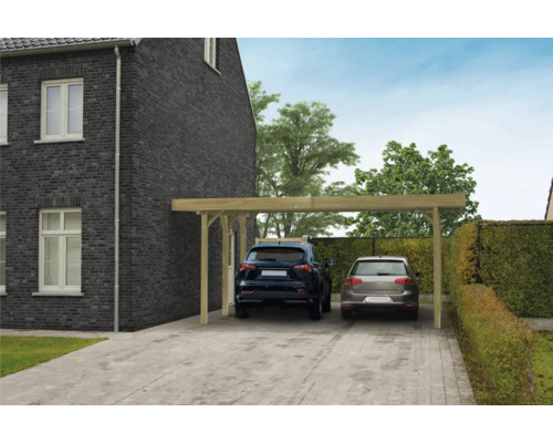 Houten carport met twee geparkeerde auto''s op de oprit