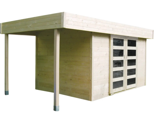 Houten tuinhuis met overkapping en dubbele deur