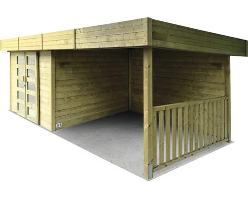 Houten tuinhuis met schuifdeur en reling