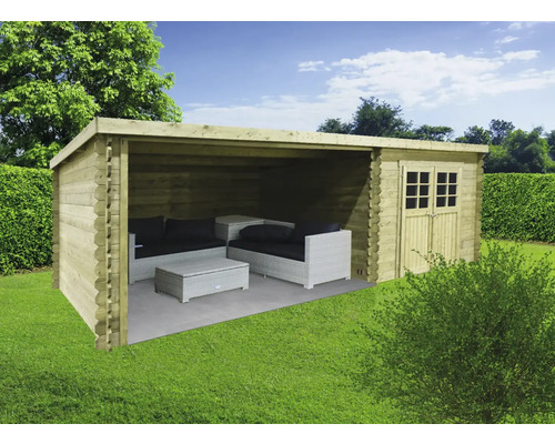 Houten tuinhuis met loungegedeelte en opbergruimte in de tuin