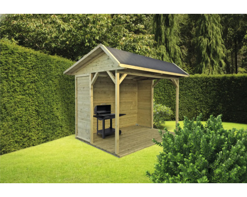 Houten barbecuehut met barbecue in de tuin