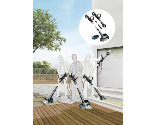 Illustratie van een elektrische borstel voor terras- en gevelreiniging buitenshuis.