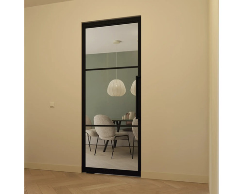 Kamerdeur met glazen inzet en zwart frame