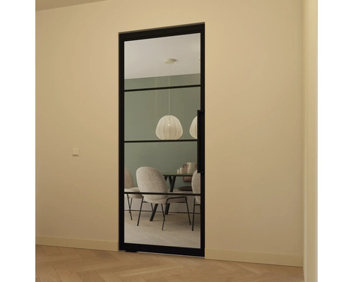 Zwarte binnendeur met glazen paneel in een moderne ruimte.