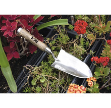 Tuinschep van roestvrij staal met houten handvat tussen planten