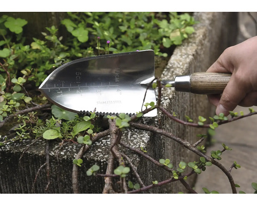 Roestvrijstalen plantenschep met houten handvat voor tuinieren