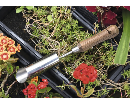 Plantgatboor van metaal met houten handvat tussen planten