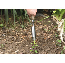 Persoon plant zaailing in de grond met een plantstok.