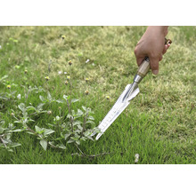 Close-up van een hand die een onkruidsteker in het gras houdt
