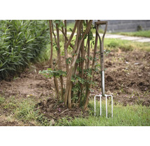 Stalen tuinvork met houten handvat staat in de tuin naast een struik.
