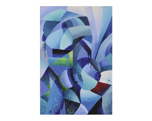 Abstract schilderij met geometrische vormen in verschillende tinten blauw