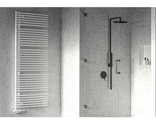 Moderne badkamer met radiator en douche met glazen deuren