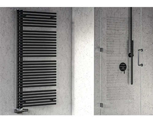 ROTHEIGNER Designradiator PIPE 1095 x 596 mm zwart aansluiting enkelzijdig onder Moderne badkamer met zwarte handdoekradiator en douchecabine
