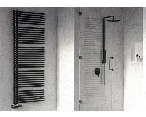ROTHEIGNER Designradiator PIPE 1695 x 496 mm zwart aansluiting enkelzijdig onder Badkamer met zwarte handdoekradiator en douchecabine
