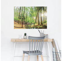 Fotobehang met bosmotief boven een bureau
