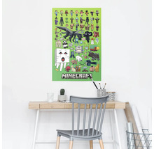 Minecraft poster met figuren aan een muur boven een bureau