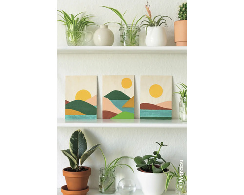 Plank met planten en drie landschapsschilderijen