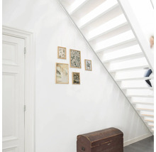 Hal met witte trap, houten kist en hangende ingelijste foto''s met botanische prints