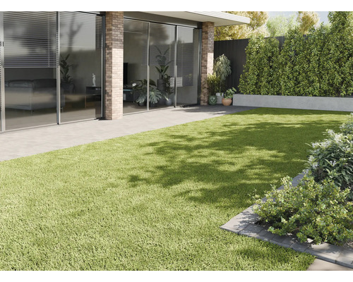 Buitenkant met kunstgras, terras en beplanting