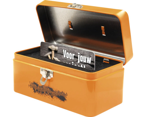 Geopende oranje gereedschapskist met inscriptie