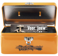 Geopende gereedschapskist met houten bord en gereedschapsmotief