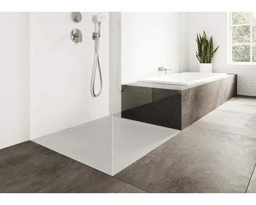 Badkamer met douche, bad en kamerplant