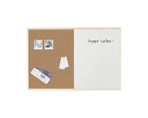Combinatie van kurkbord en whiteboard met droog uitwisbaar oppervlak in houten frame