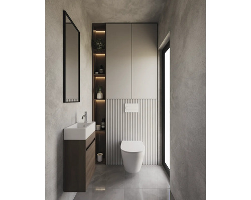 Moderne badkamer met toilet, wastafel en spiegel