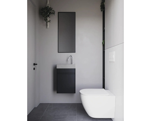 Moderne badkamer met hangtoilet, wastafelonderkast, spiegel en hangplant