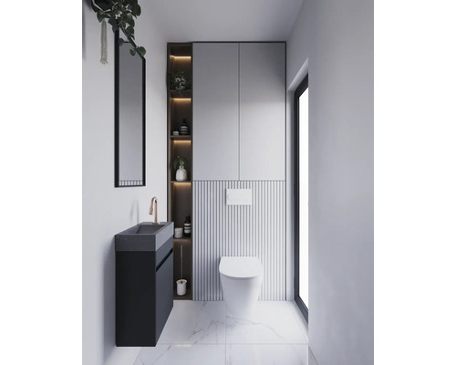 Moderne badkamer met wastafel, toilet en opbergruimte