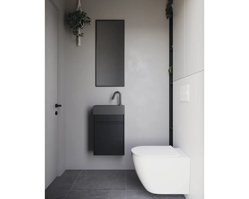 Moderne badkamer met toilet, wastafel, spiegel en hangplant